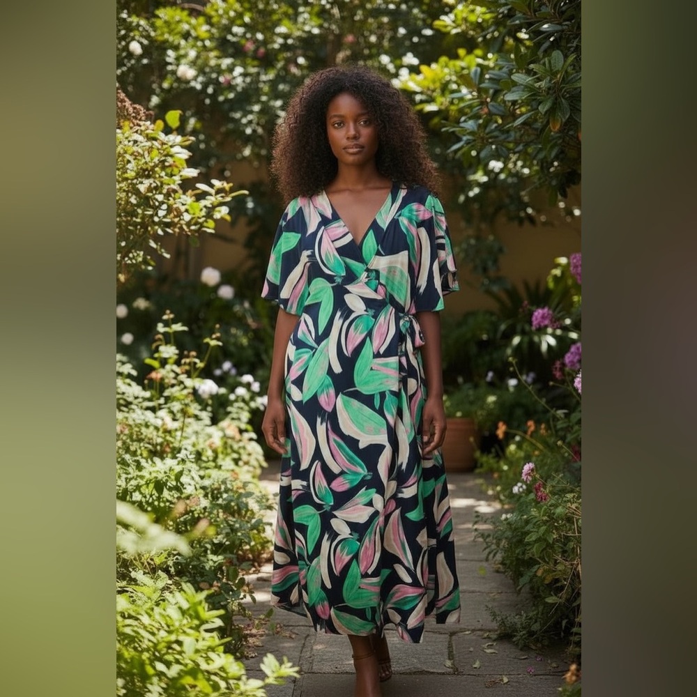 Joi De Vivre Navy Pink Green Wrap Maxi Dress Large Preppy Spring